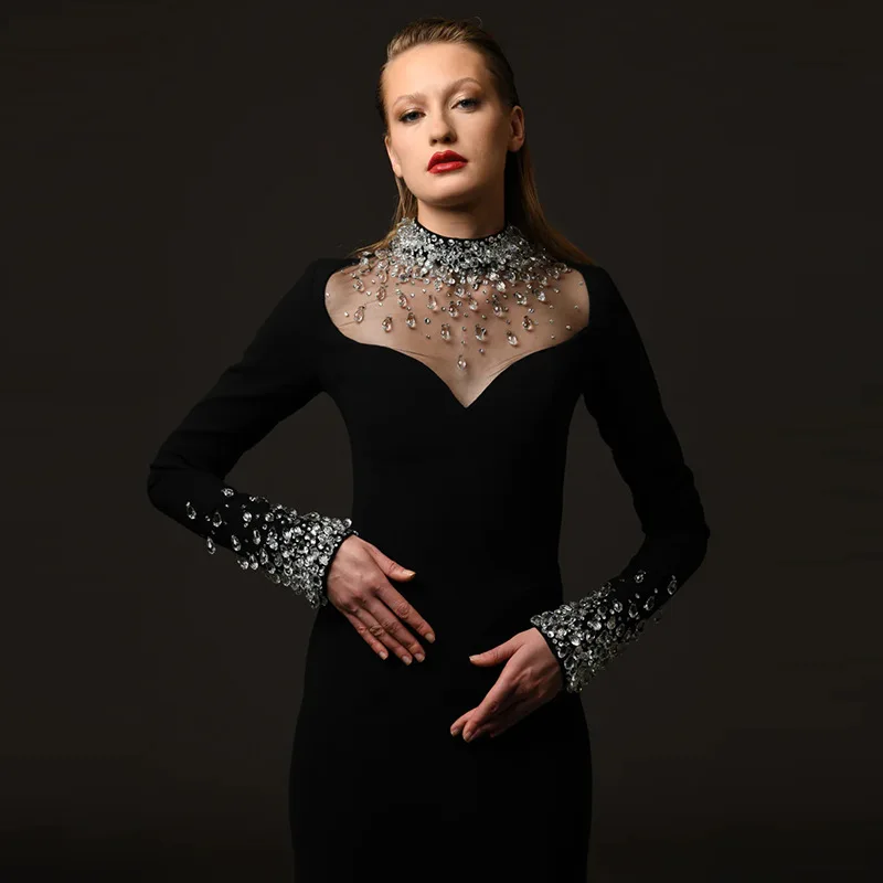 

Hot Sale in Stock 2025 New European and American Fashion Long Dress with Heavy Beading and Rhinestones Long Gown