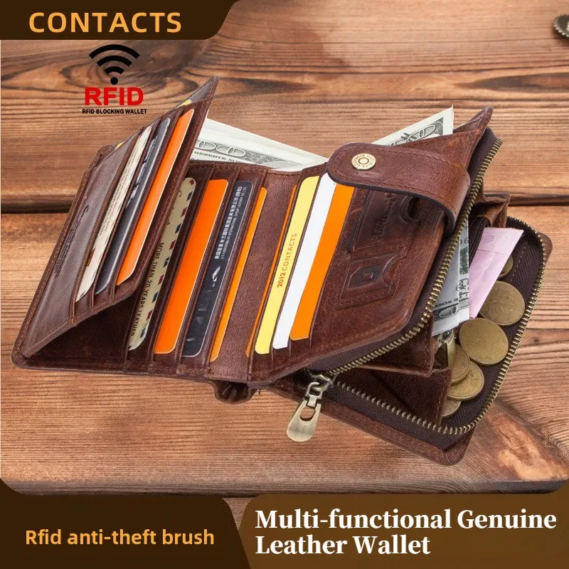 Genuine Leather RFID Wallet for Men Short Bifold Wallet with Coin Pocket Zipper Card Holder Vintage Small Purse