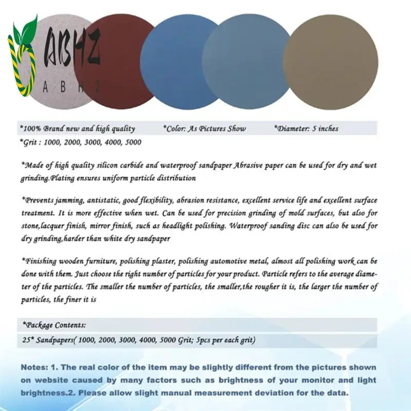

ABHZ-25 шт. абразивная бумага для шлифования водой, 125 мм, 5 дюймов, зернистость 1000/2000/3000/4000/5000, наждачная бумага, наждачная бумага, шлифовальные диски с крючком и петлей