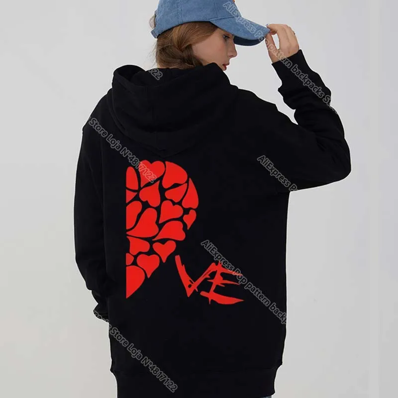 Love Heart Print Couple Hoodies Set Women Men Lovers Sweatshirts Couples Kawaii Graphic Pullovers Unisex Valentine Day Gift New