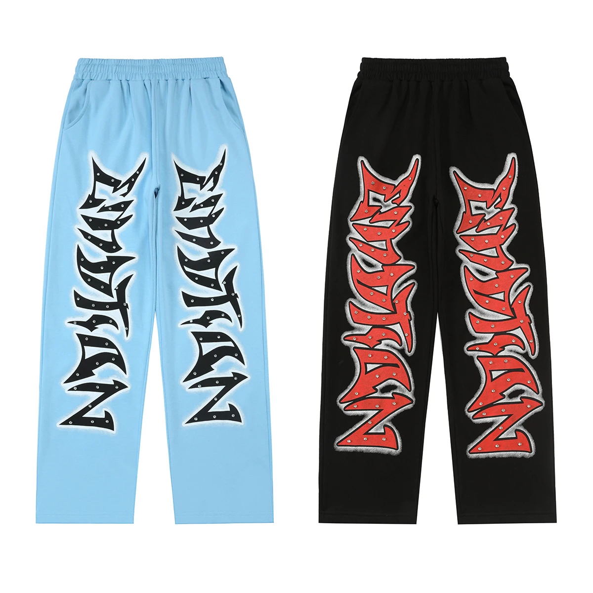 

Mixed Emotion High Street Hip Hop Retro Diamond Letter Loose Pure Cotton Dstring Straight Leg Pants Men Casual Trousers