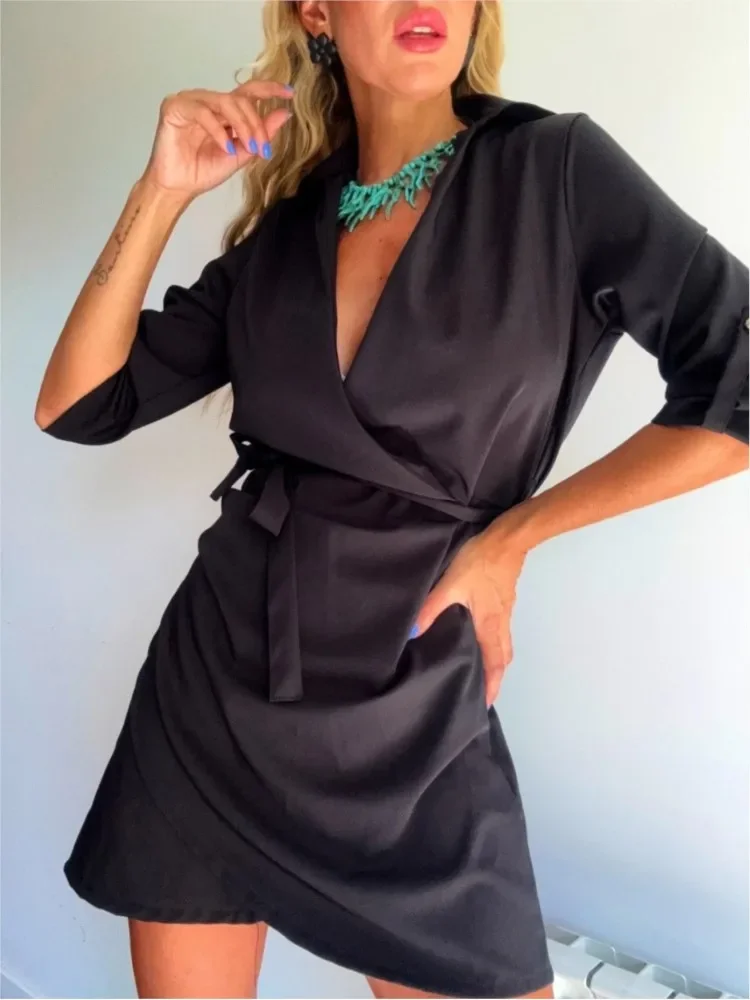 Vestido camisero elegante con cuello en V para ir al trabajo, vestido camisero liso con cordones, vestido de fiesta ajustado informal de media manga, Vestidos huecos para mujer