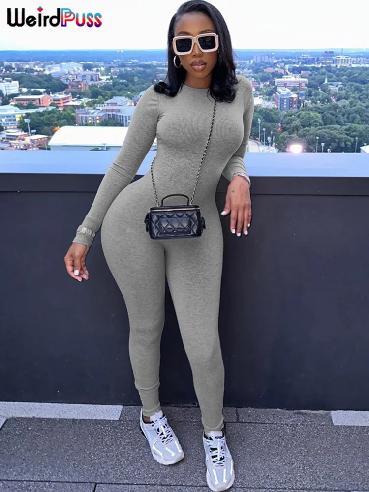 Weird Puss Solid Fitness Casual Jumpsuit Women Long Sleeve Stretch Skinny Activity Sporty Tight Simple Fall Streetwear Overalls