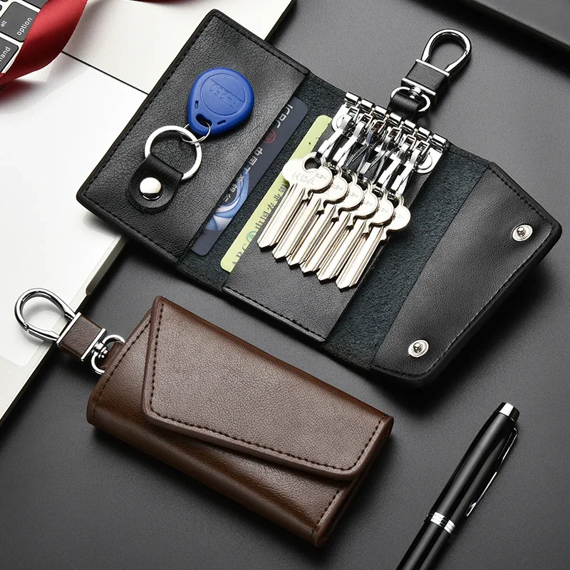 Portable Leather Housekeeper Holders Car Keychain Key Holder Bag Case Unisex Wallet Cover Solid Color Storage Bag ID Card Holder