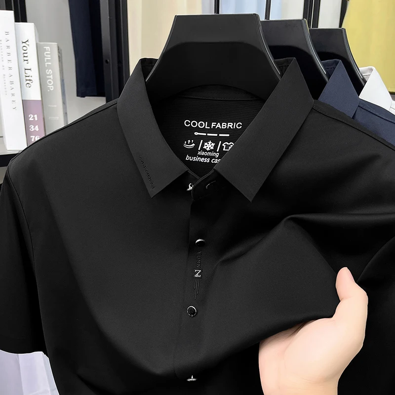 

TFETTERS Summer Elegant Men Dress Shirt Minimal Short Sleeve Turn Collared Button Up Solid Color Office Formal Shirt for Men 4XL