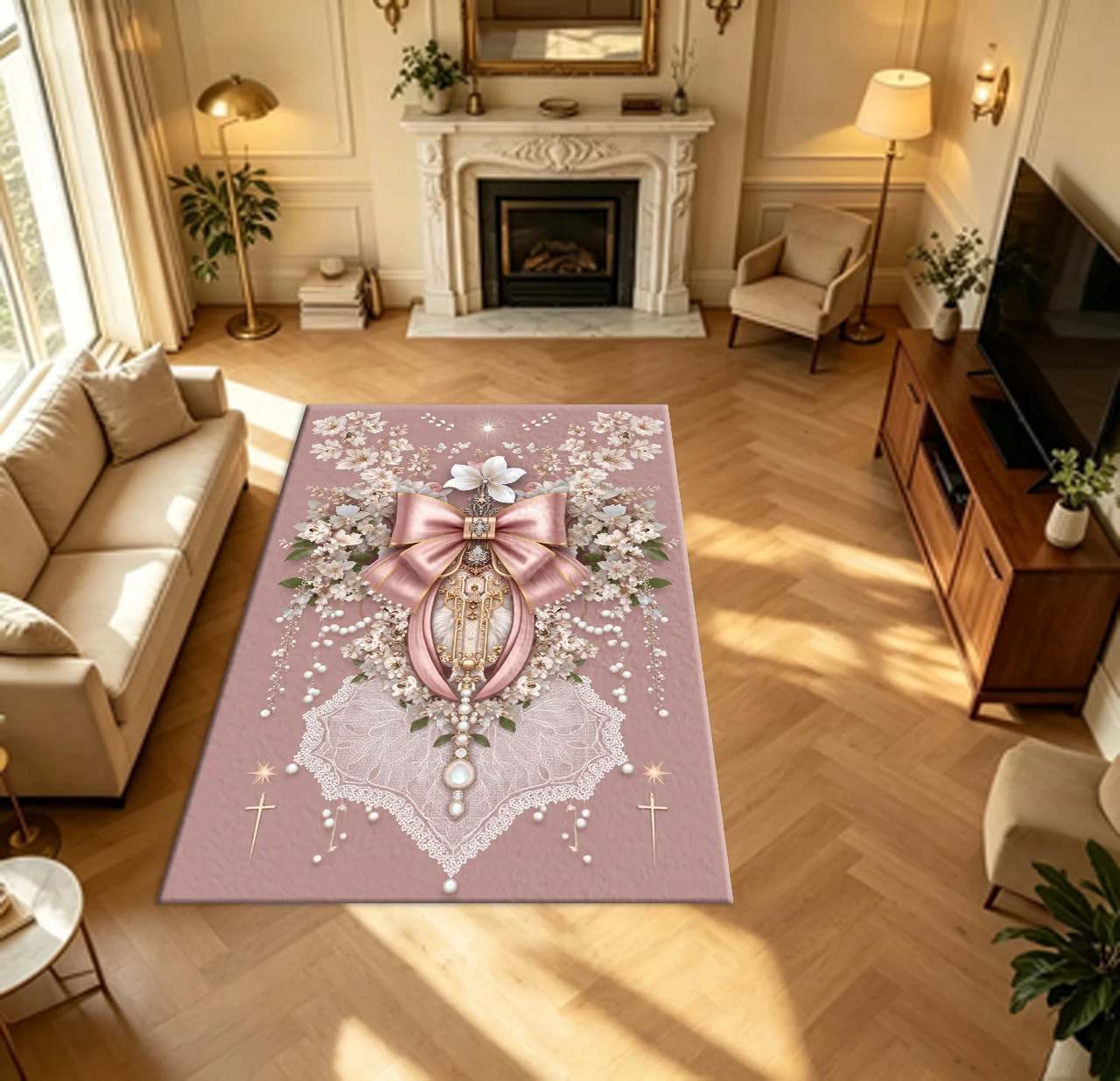 Vintage Pink Bow Lace Pearl Floral Ornate Carpet Flooring Romantic Baroque Style Household Indoor Decor Area Rug