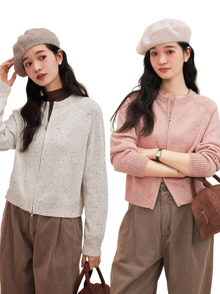 9-Pin Double Thread, Connie Donegal Dot Cashmere, Crew Neck Shoulder Sleeve Double Zipper Short Cardigan