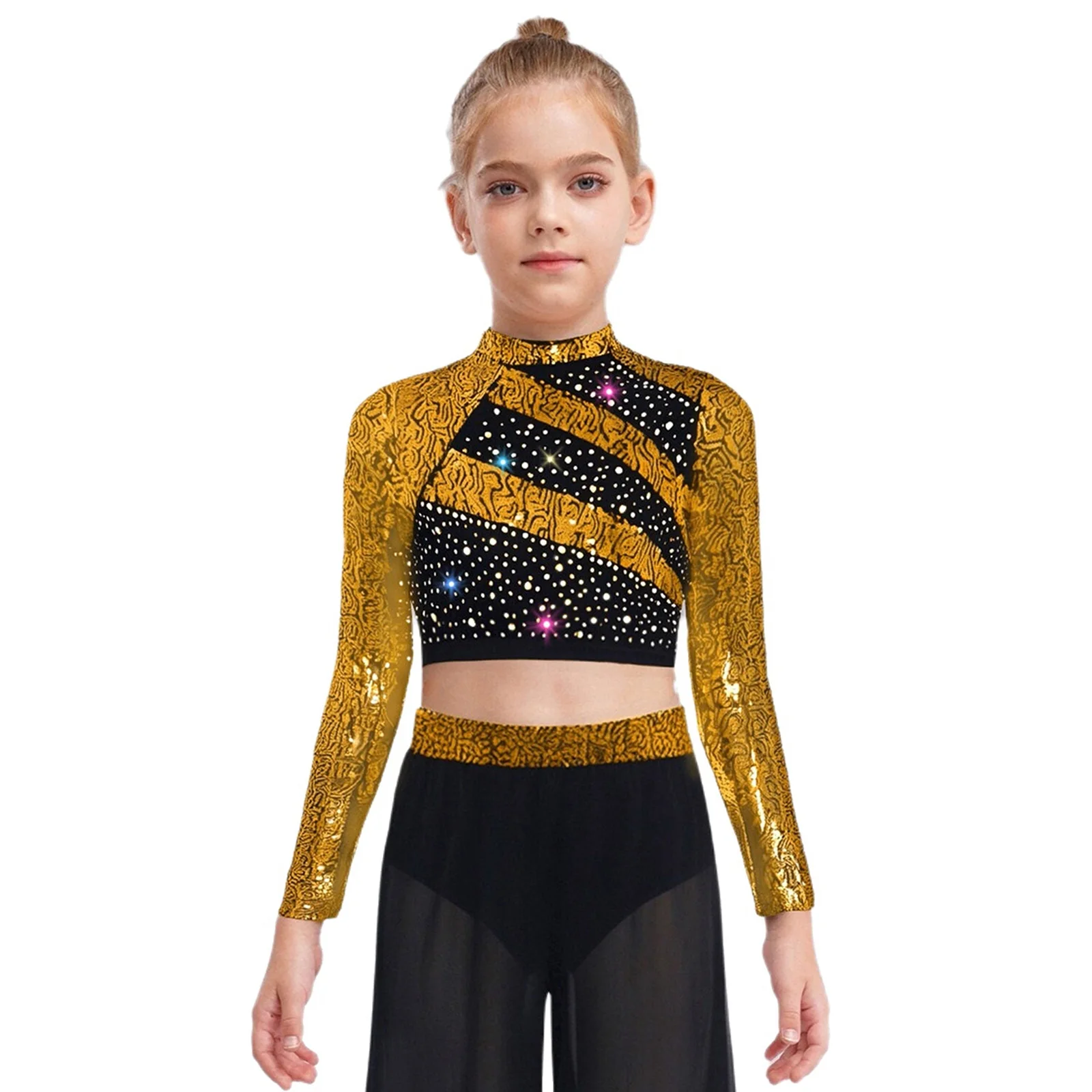 أطفال بنات الجاز الرقص الحديث الأعلى الباليه الشكل التزلج المحاصيل الأعلى طويلة الأكمام وهمية الرقبة سباركلي الترتر قميص لأداء المرحلة