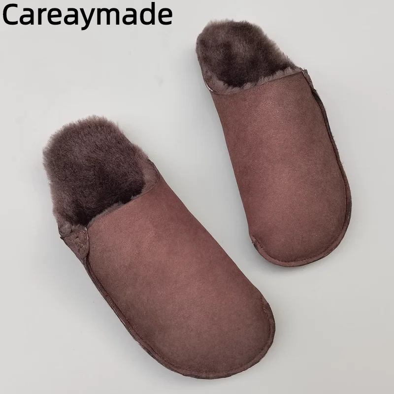 Careaymade-Sheepskin wool integrated men\'s slippers,inner outer pure wool casual shoes,winter anti slip flat soft soles slippers