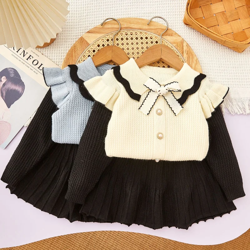 Girls' Sweater Set Autumn and Winter New Bow Small Flying Sleeve Academy Style Long Sleeve Knit Sweater + Skirt Two-piece Set