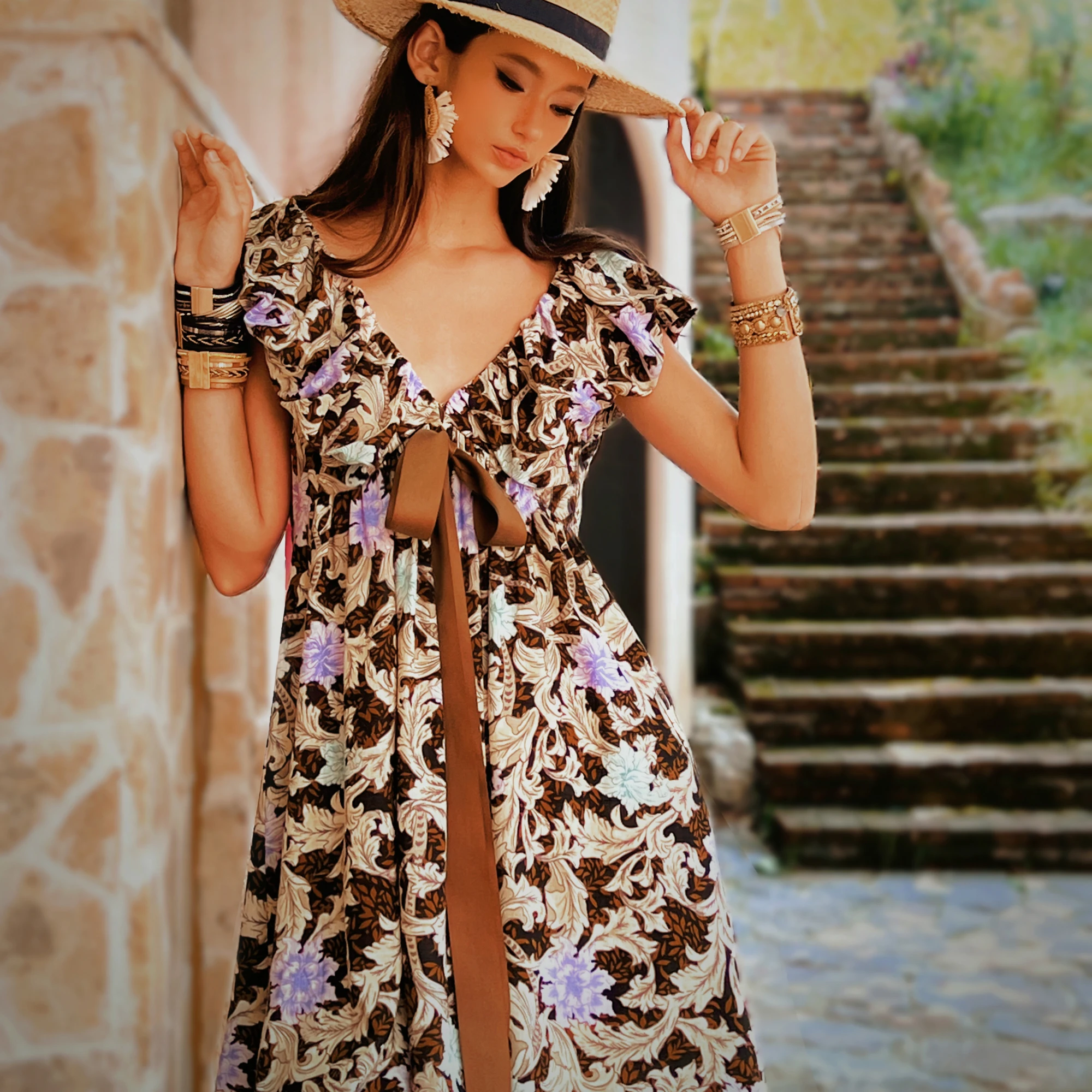 Vestido estampado de verão vestido feminino em camadas decote em v arco manga voadora vestido na altura do joelho saia y2k 2025 novo dabuwa dm2bdr004