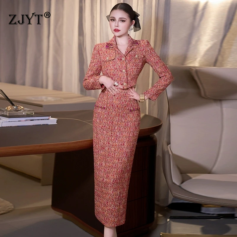 ZJYT Elegante luxe korte tweed wollen jas en lange rok 2-delige bijpassende set herfst winter 2025 damesoutfit feestpakken