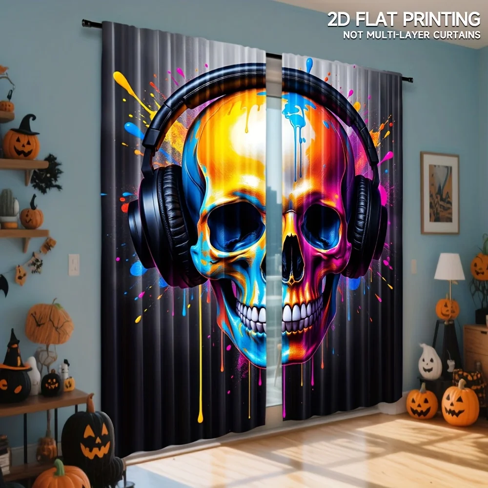 Vibrant Pop Art Skull Headphones Curtain Room Divider Blackout Window Decoration Gothic Halloween Party Wall Decor Panel