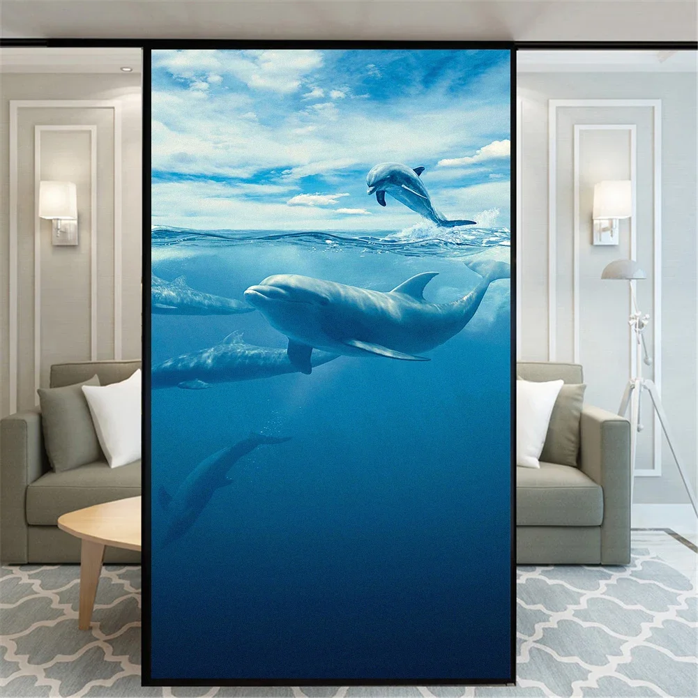Dolphin Pattern Privacy Windows Film Decorative  Stained Glass Window Stickers No Glue Static Cling Frosted Windows Film