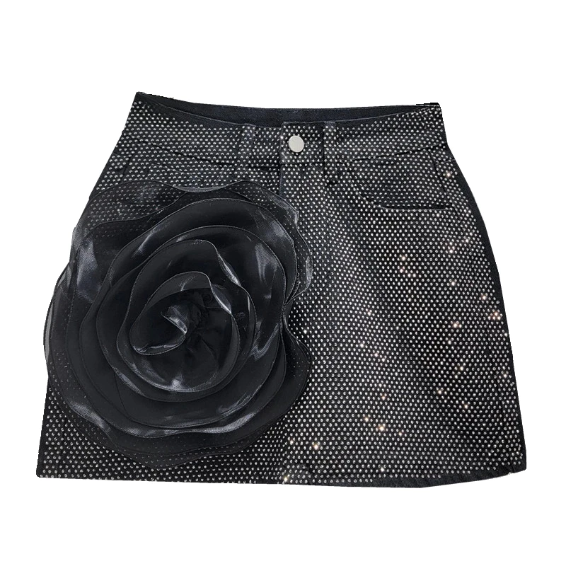 Large Three-Dimensional Flower Heavy Embroidery Hot Drilling Denim Skirt for 2024 New High Waist Sexy A- Line Skirts