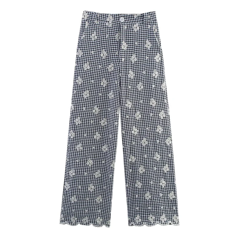 Letnie spodnie damskie w stylu vintage z wysokim stanem, haftowane, w kratę, z szerokimi nogawkami, na co dzień, lato 2025