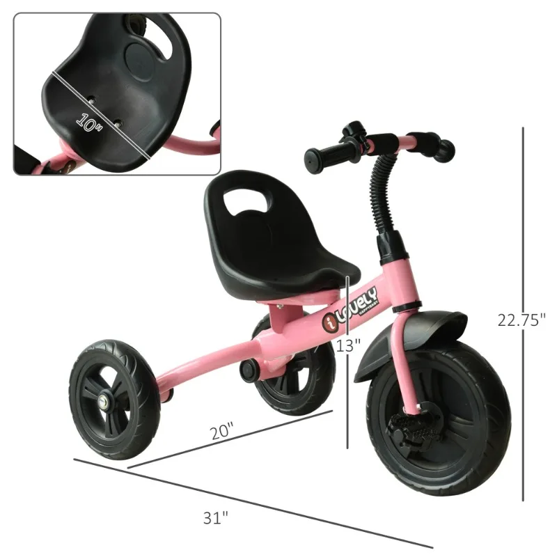 Tricycle de loisirs à 3 roues pour tout-petits avec cloche intérieure/extérieure, rose