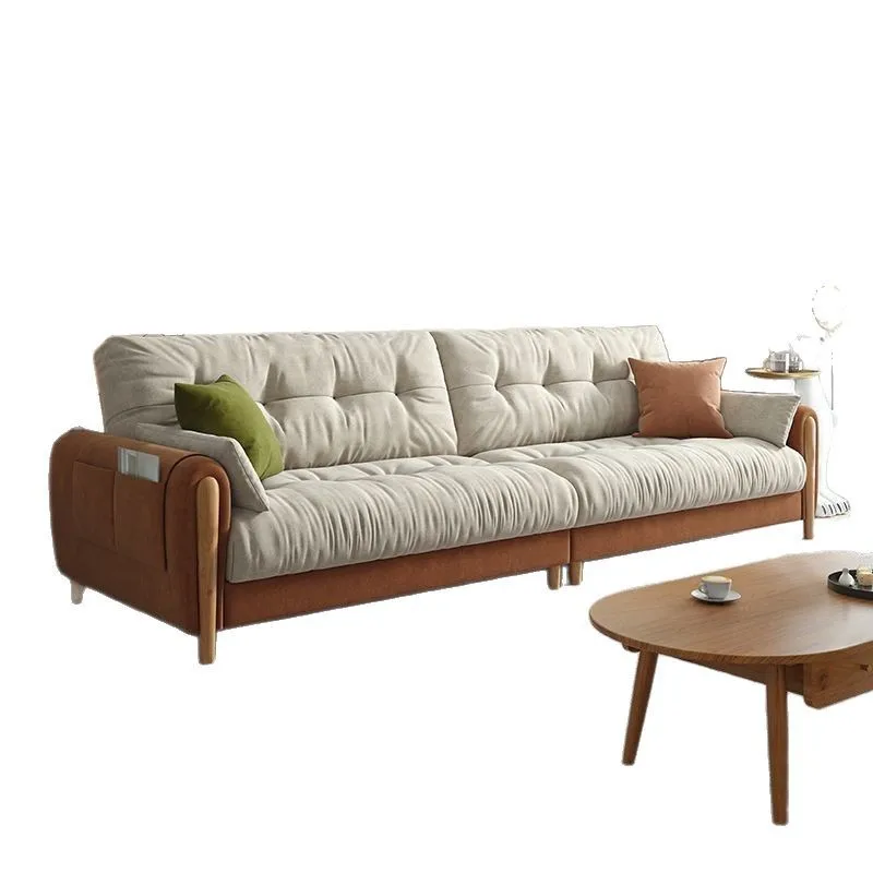 

New log cream style, straight row three sofa fabric, modern simple small apartment, living room cotton and linen sofa