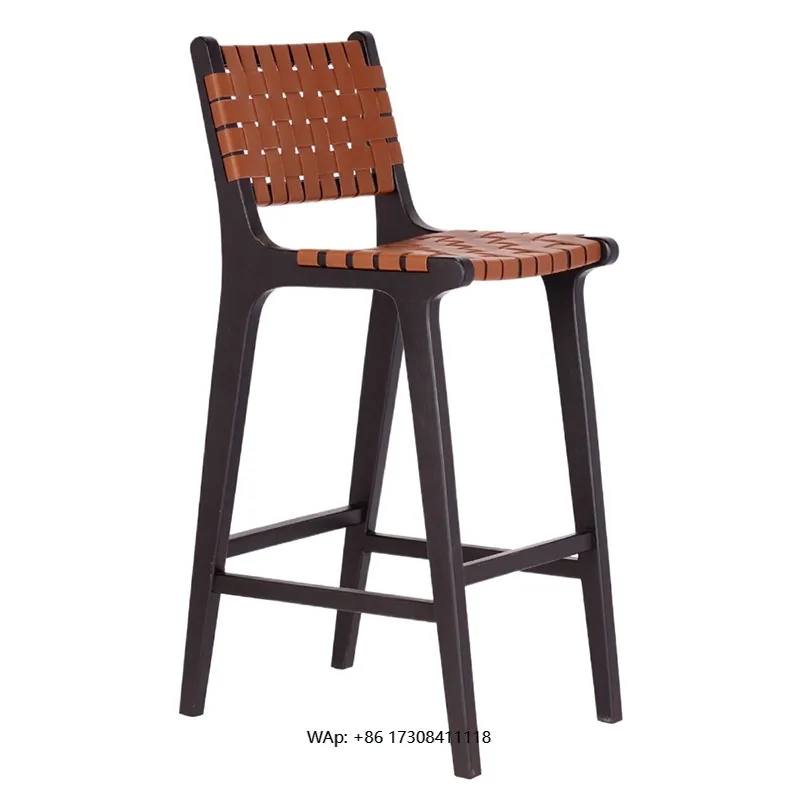 Saddle Leather Woven Coffee Light Luxury Room Medieval Wabi-Sabi Back Metal High Stool Home bar Chair