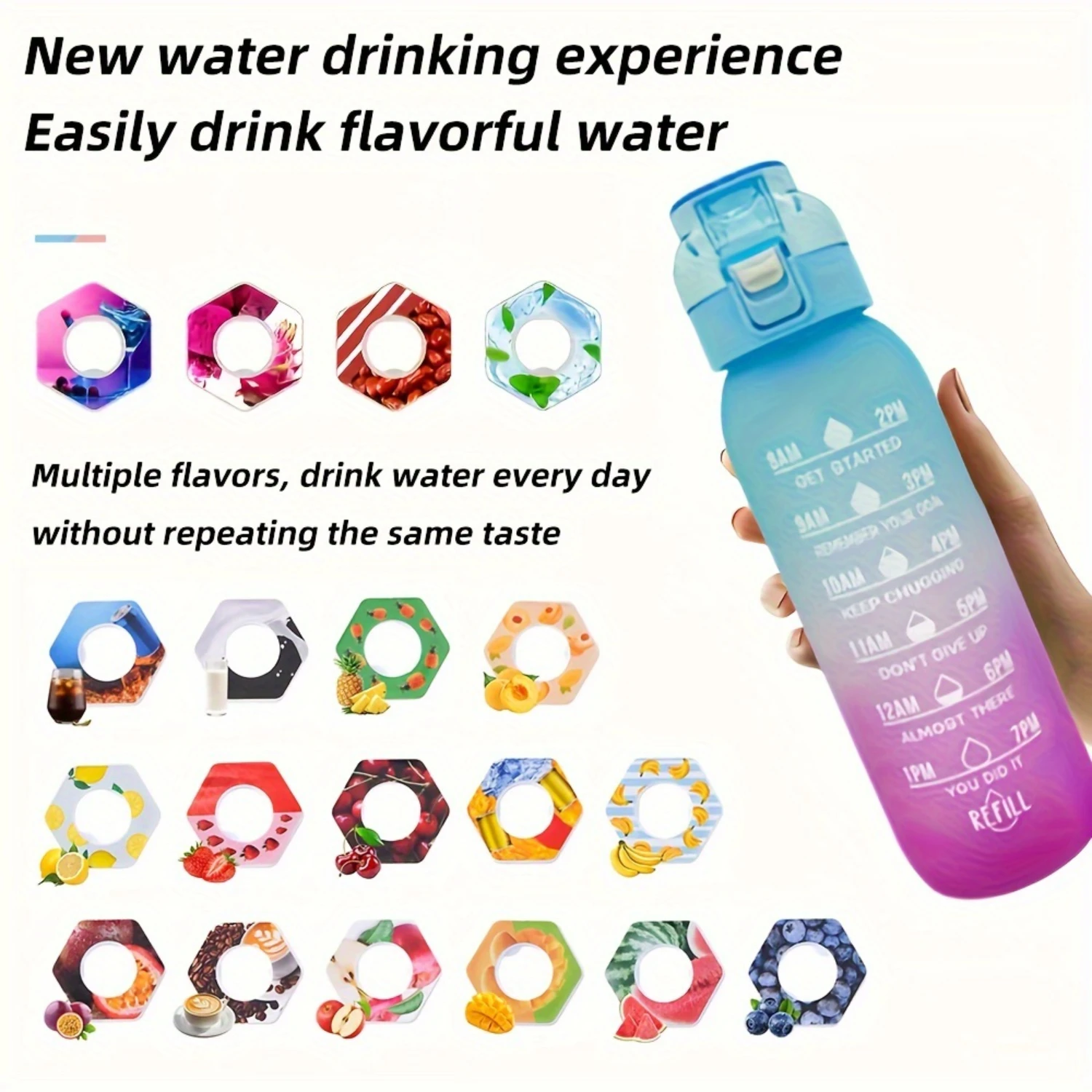 

1pc 1000ml/33oz Sports Water Bottle with Removable Flavor Ring(random one), Zero Sugar Zero Calorie, Stain Resistant Sandproof