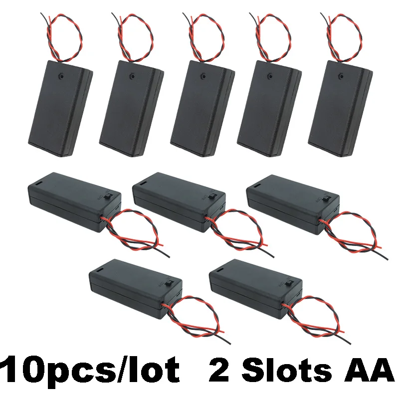 2AA 2XAA 3V Black Battery Storage Case Box Holder Connector ON/OFF Switch With Lead Wire 10pcs/lot