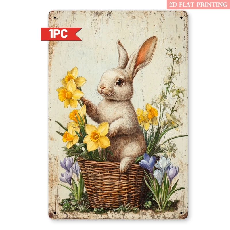 2D Flat, 1pc Vintage Rabbit & Daffodils Spring Metal Wall Art Sign - Rustic Farmhouse Bunny in Wicker Basket with Crocuses Suita