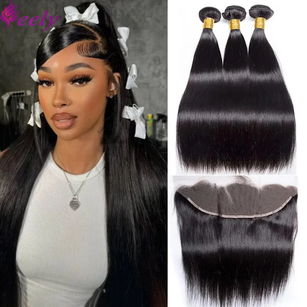 Human Hair Bundles With 13x4 Transparent Lace Frontal Straight Brazilian Human Hair 3 Bundles With Closure Natural Black Color