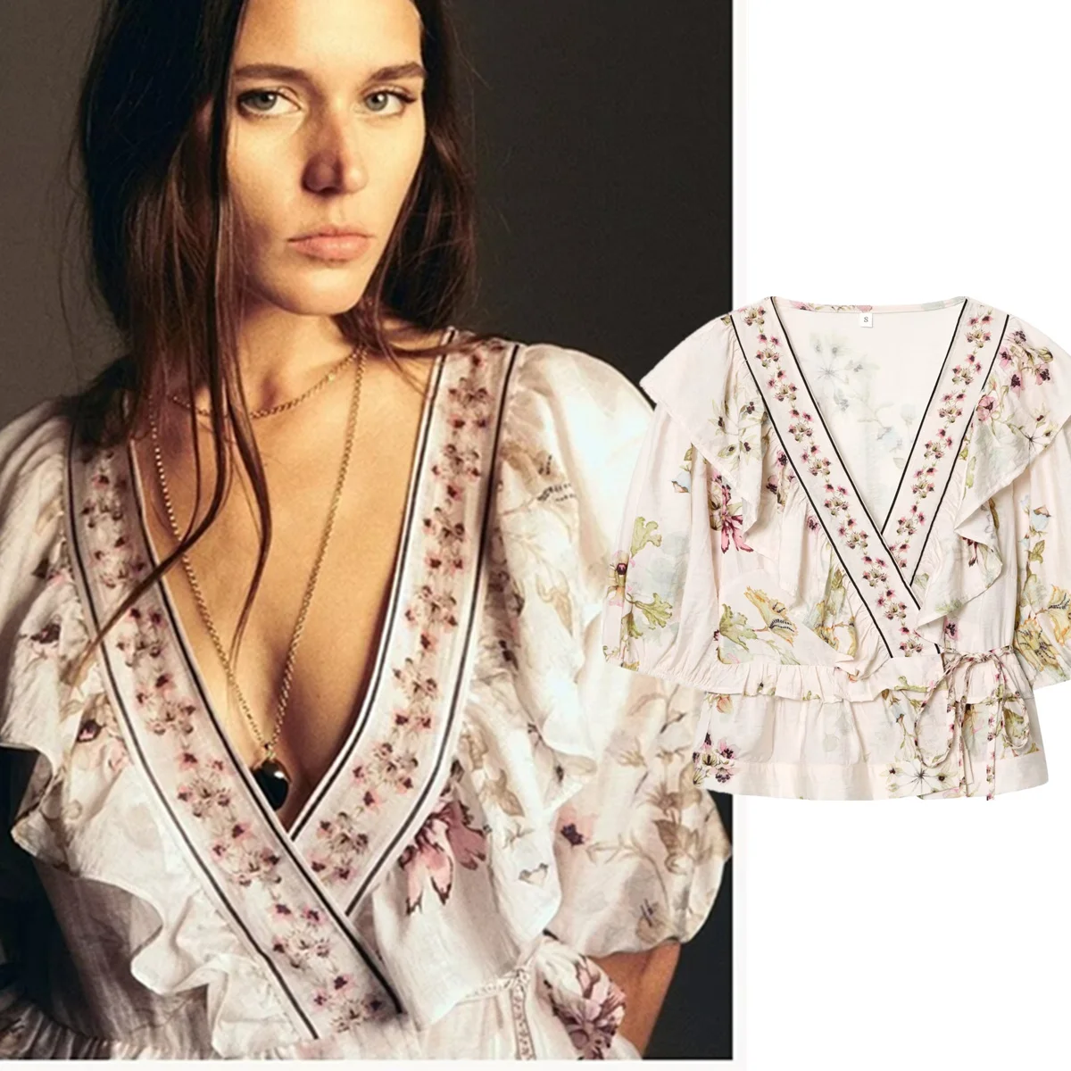 

Jenny&Dave Summer Floral V-neck Blouse Women Bohemian Vintage Elegant Ruffles Shirts & Blouses Women's Clothes Shirts Tops