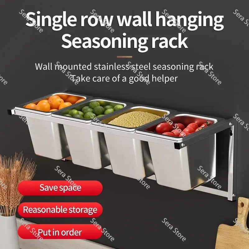 1/6 Four-Grid Wall-Mounted Seasoning Rack, Stainless Steel Jam Box, Layered Simple Partition Storage Holder for Milk Tea Shop