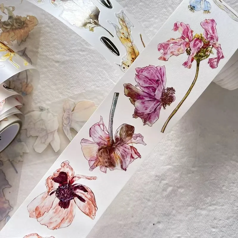 Vintage Colorful Leaves Flowers Washi PET Tape for Card Making Planner DIY Scrapbooking Plan Decorative Sticker