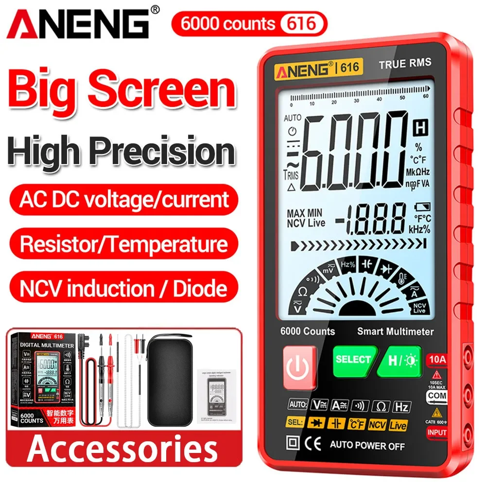 Ultra Thin Large Screen Digital Multimeter Tester ANENG 616 Smart AC DC Voltage Current Meter 6000 Counts NCV Non-contact Tools
