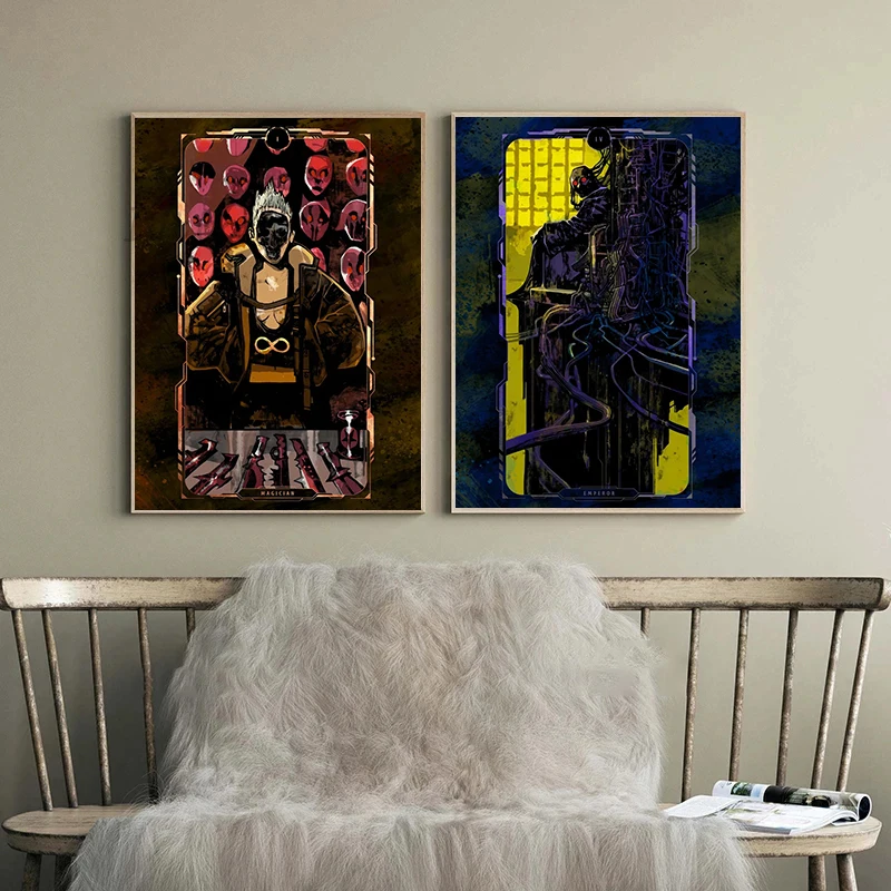 Neon Cyberpunk Game Tarot Card Retro Abstract Posters Canvas Painting Wall Art Picture for Living Room playroom Home Decor