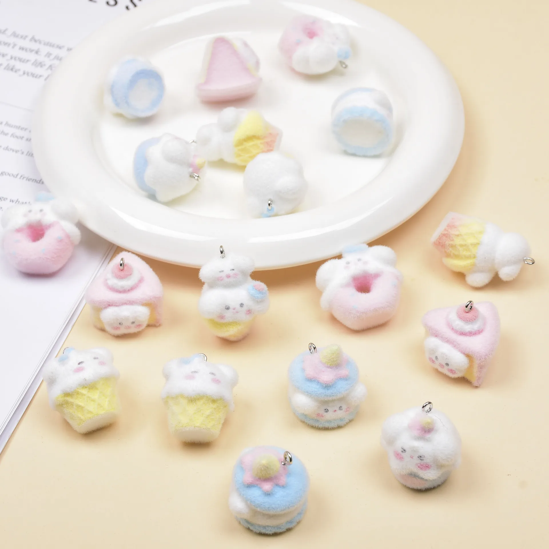 20Pcs 3D Cute Flocking puppy Resin Charms Mini Cartoon Animal Pendant For Keychain Earring DIY Crafts Jewelry Make fittings