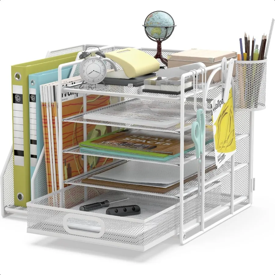 

HUHOLE 5 Tier Desk Organizer with File Holder White Mesh Paper Letter Tray Organizer with File Clip USB Clip Wire Desk Accories