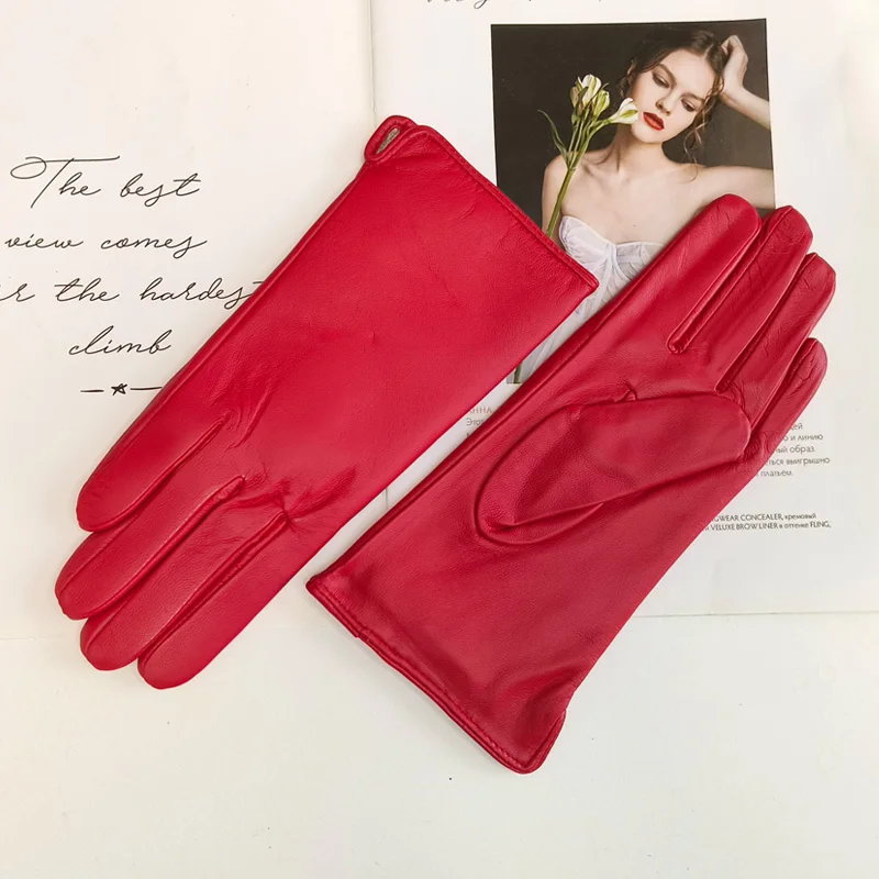 Guantes de cuero de color para mujer, manoplas de piel de oveja de estilo clásico recto, forro de punto, manoplas de conducción para primavera y