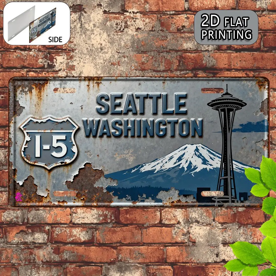Seattle Washington I-5 Space Needle Mount Rainier Tin Sign - Vintage Durable Metal Plaque Wall Decor, Home Office Bar Man Cave W