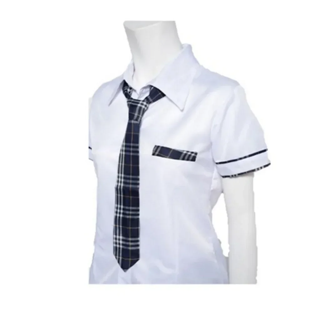 Womens School Girls Uniform Cosplay Costume Short Sleeve Shirt with Plaid Mini Skirt and Tie Set for Roleplay Party