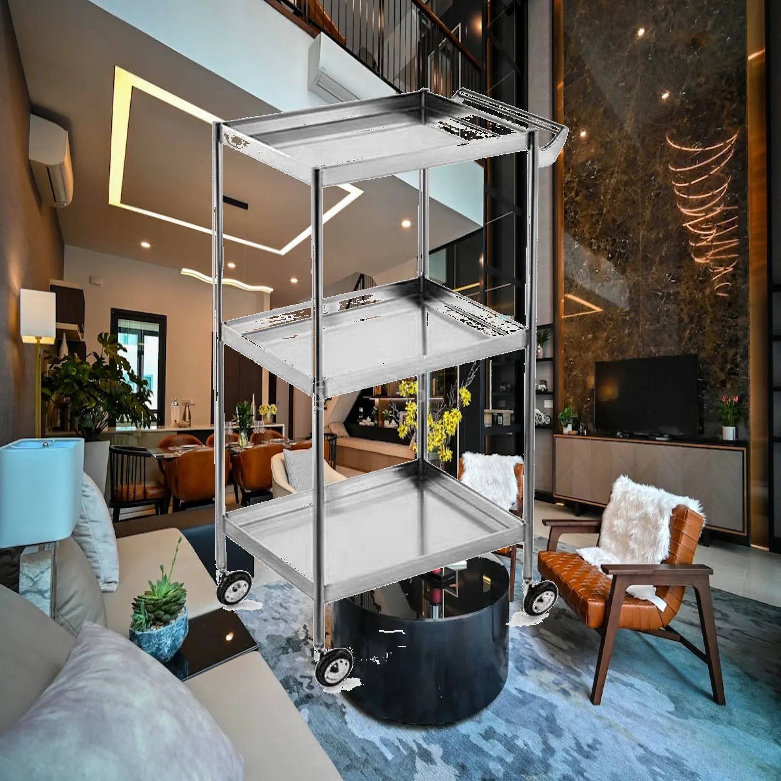 Foldable Hairdressing Trolley with Stainless Steel Frame and Acrylic Trays for Salon Equipment Storage and Mobile Stylist
