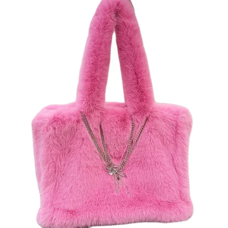 Solid Color Large Capacity Faux Fur Tote for Women 2023 Fashion Fluffy Artificial Fox Hair Plush Handbag Female Shoulder Shopper