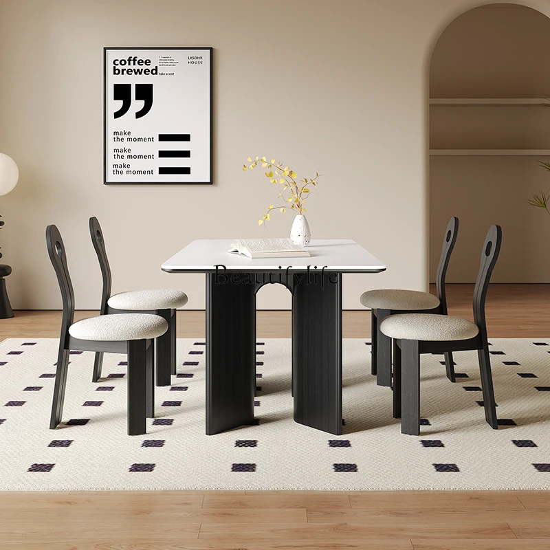 Light luxury modern simple rectangular French new Italian white rock slab dining table