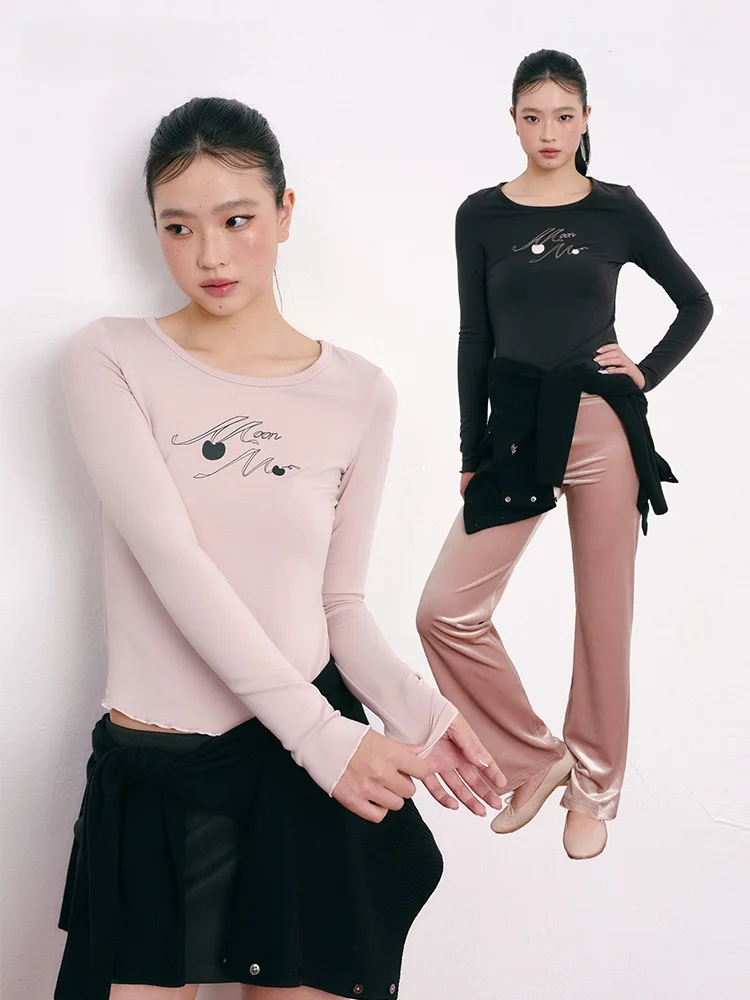 

Moonmoi Long Sleeve T-Shirt round Neck Cherry Print Ruffle Hem Lenzing Blend Casual Style Women's Fashion Spring Collection