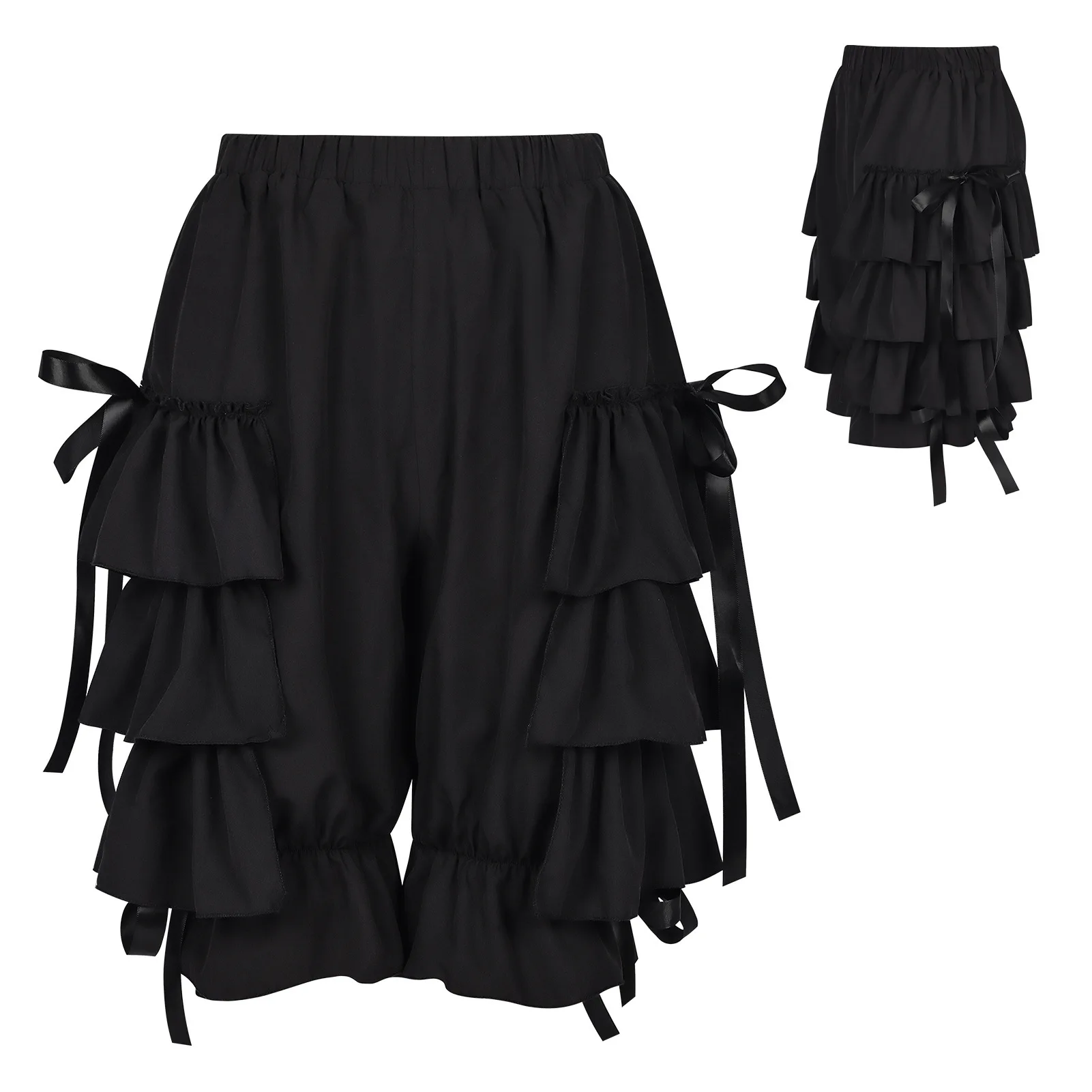 Damen Mittelalter Renaissance Lolita Hosen Shorts Gothic Mehrlagige Rüschen Elastische Taille Kostüm Baumwolle Lose Kürbis-Bloomers