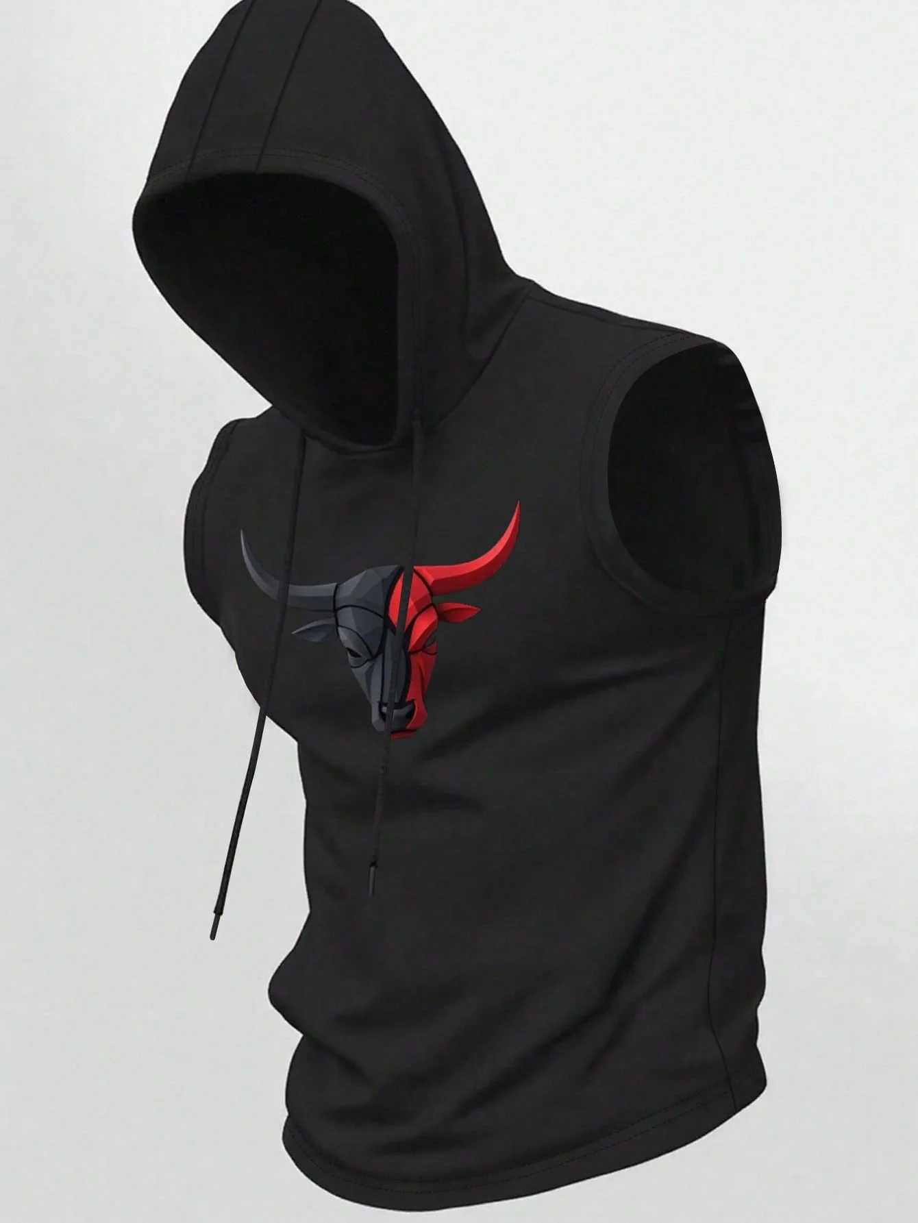 Men's Spring Summer Sleeveless Hoodie Tank, Black Red Bull Print Quick Dry Breathable Workout Vest, Gym Streetwear