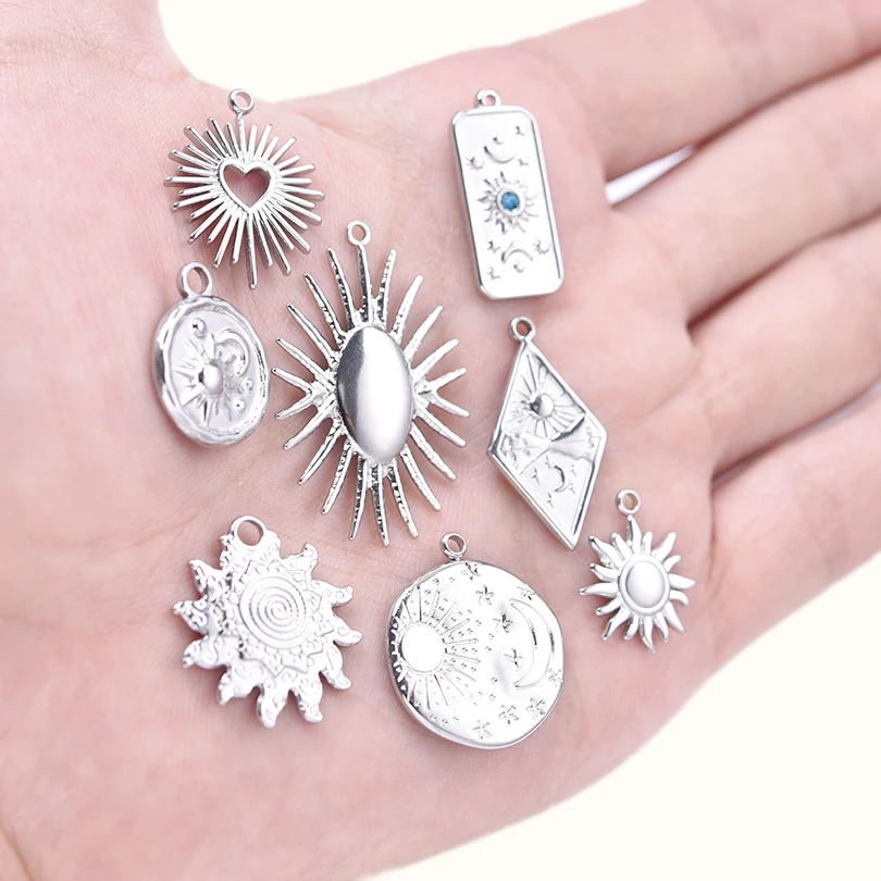 6pcs Silver Sun Charm Stainless Steel Jewelry Making