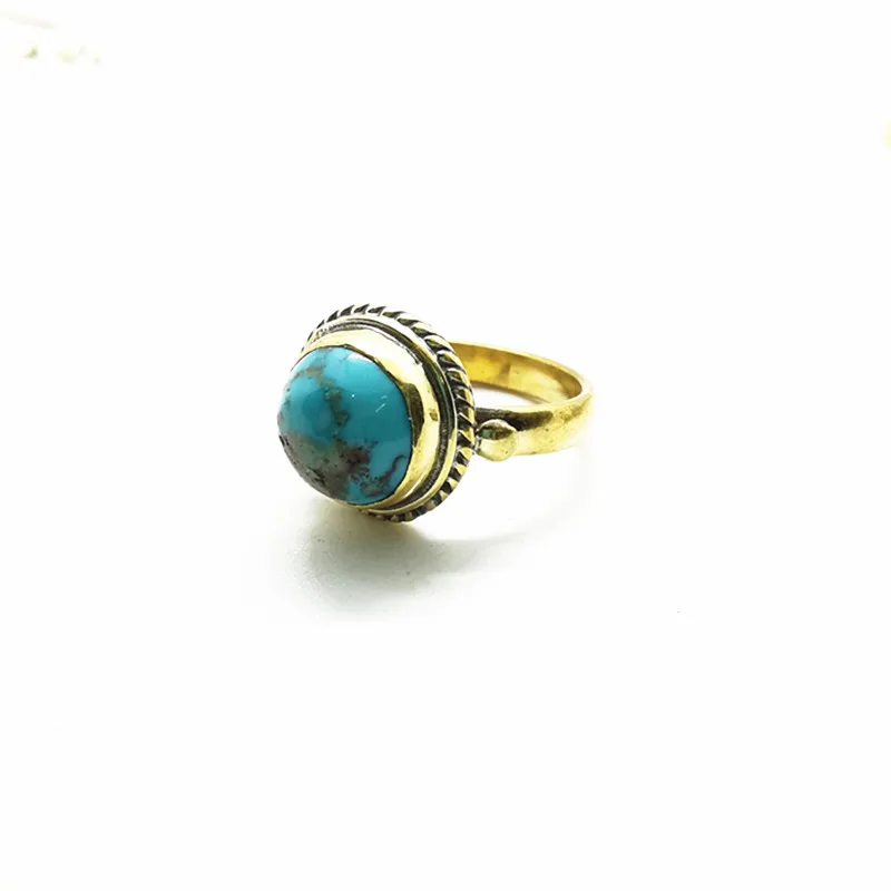 Natural Stone Rings Brass Inlaid Turquoise Lovely Rings for Woman R207