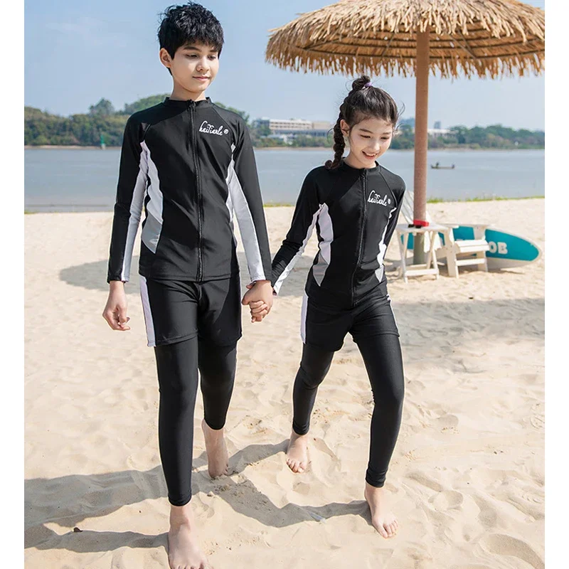 

3pcs/set Kids' Long Sleeve Swimsuit Rashguard Swimwear Bathing Suits Zipper Shirt+Shorts+Tights Skin Wetsuit Athletic Tracksuit