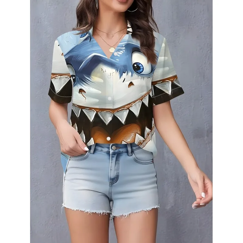 Women's Shark Print Short Sleeve Lapel Shirt Full Body Collar Blouse Non Stretch Gym Training Casual Top Spring Summer Fall Base