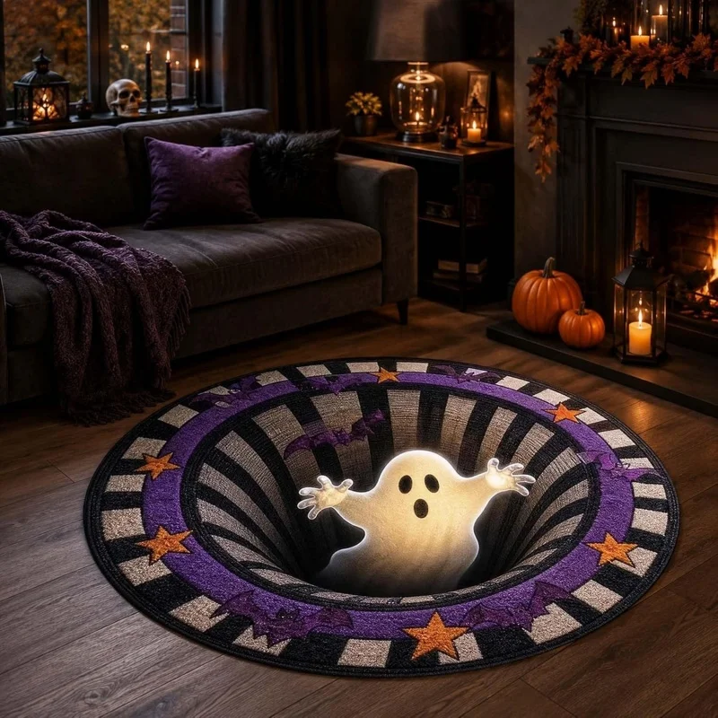 2D Vortex Optical Illusion Round Rug Halloween Ghost Vortex Print Floor Mat Spooky Witchy Home Decor Carpet for Living Room
