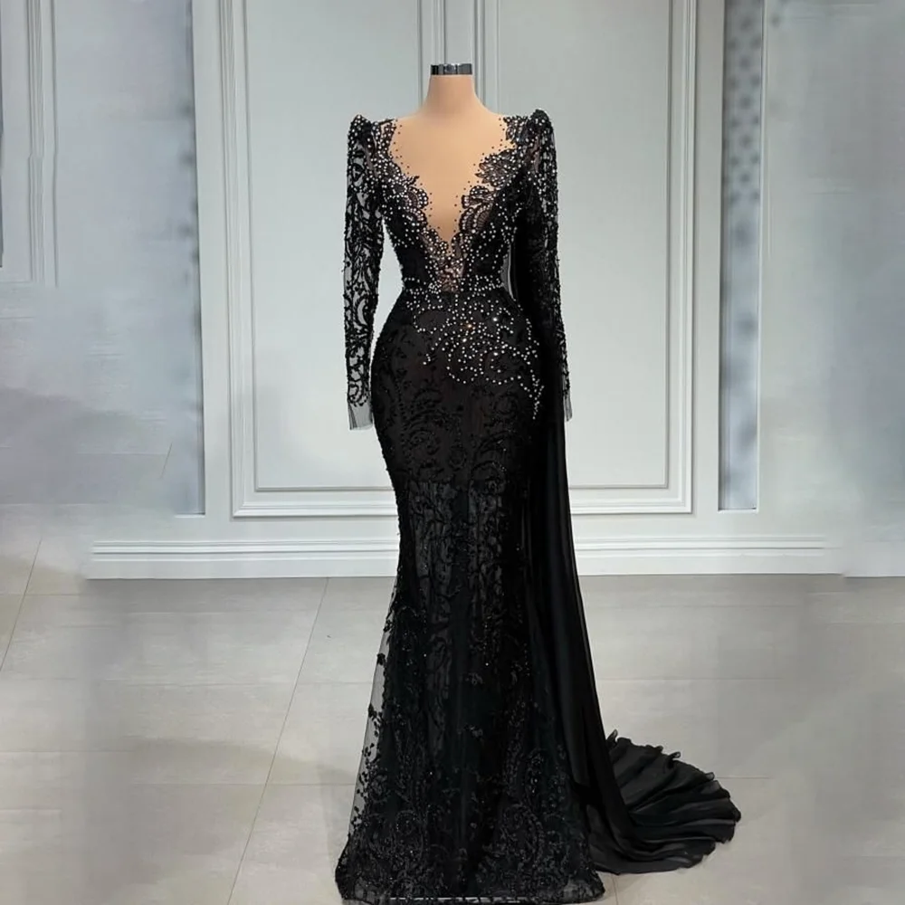 Luxury Beads Sequined Evening Dresses Black V-Neck Long Sleeves Mermaid Party Dresses Fashion Appliques Sweep Train Prom Dresses