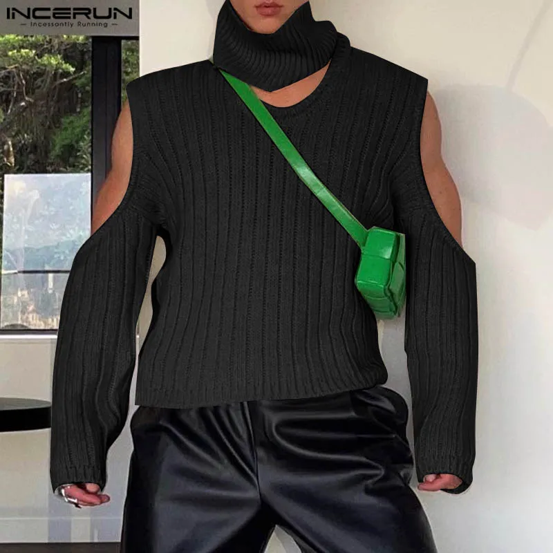 INCERUN Men Pullovers Solid Color Knitted Turtleneck Off Shoulder Long Sleeve Hollow Out Tops Streetwear 2024 Fashion Sweaters